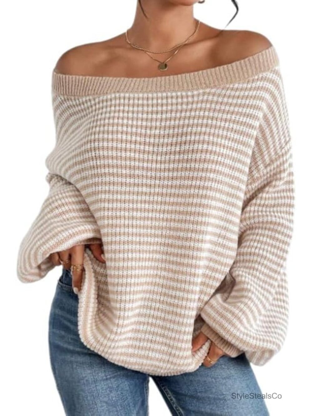 Fronage Women's Oversized Striped Sweater Off Shoulder Loose Knit Pullover